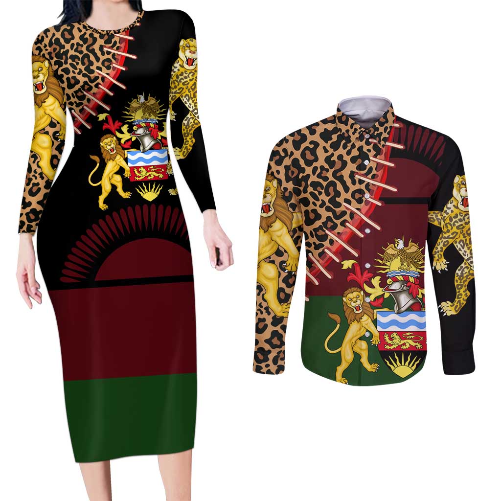 Malawi Couples Matching Long Sleeve Bodycon Dress and Long Sleeve Button Shirt Coat of Arms & Leopard Print - Unique Motif Fusion