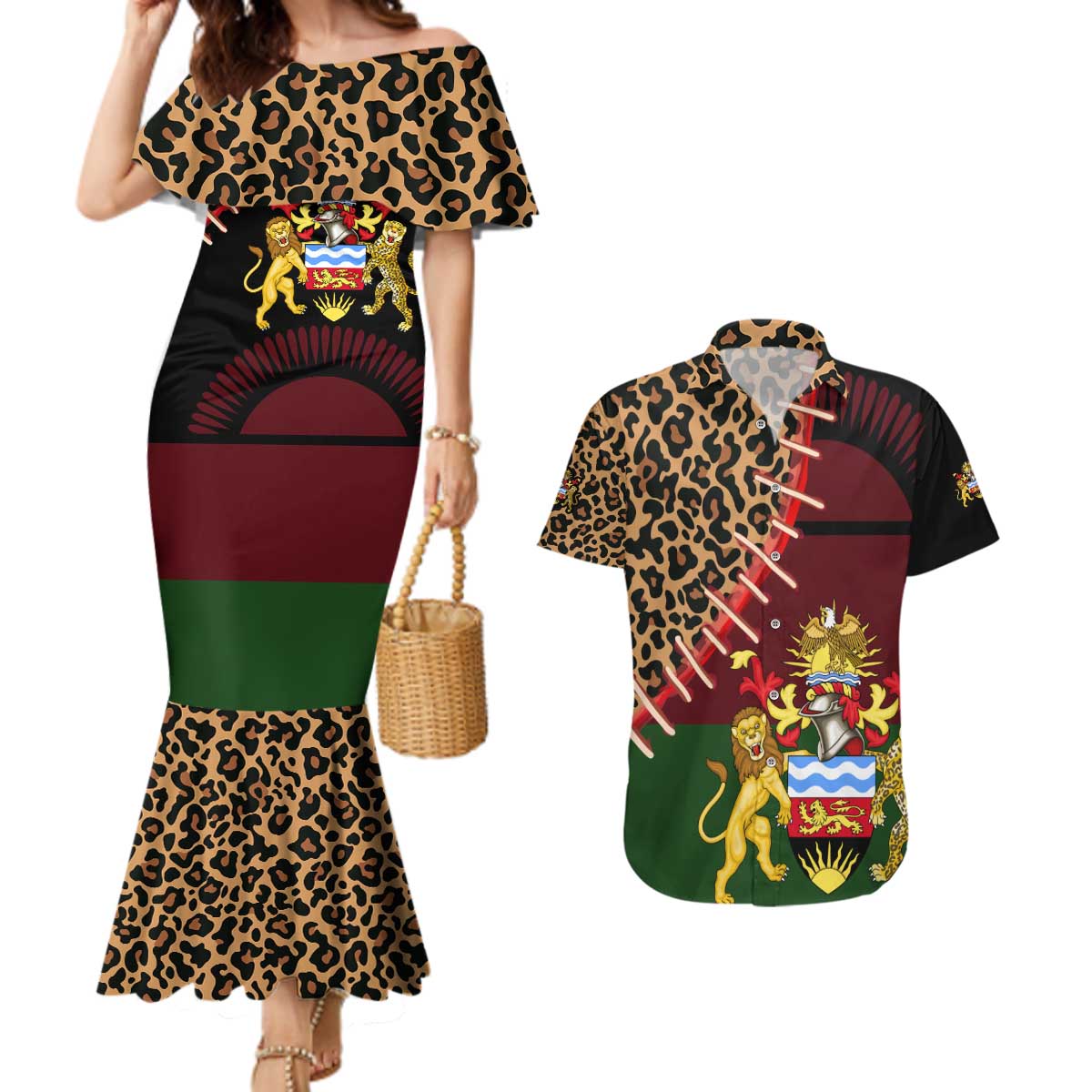 Malawi Couples Matching Mermaid Dress and Hawaiian Shirt Coat of Arms & Leopard Print - Unique Motif Fusion