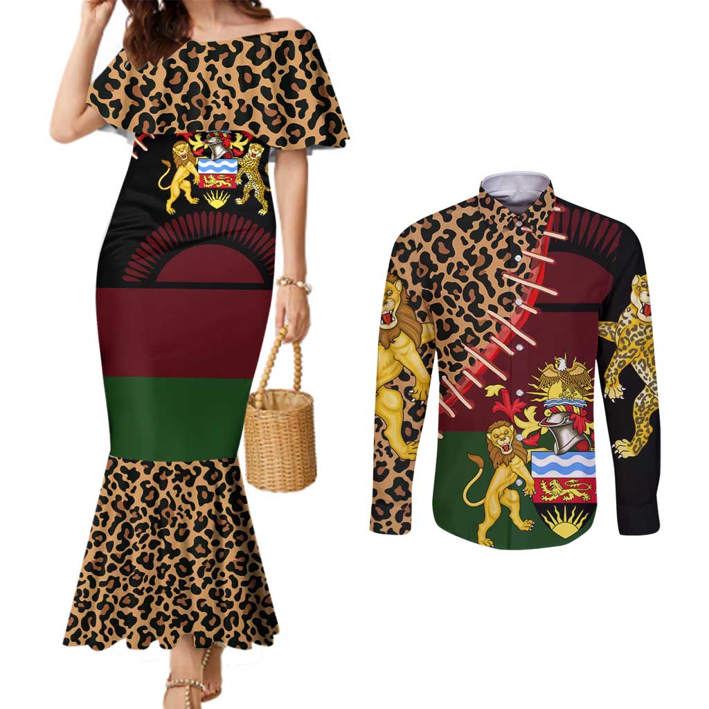 Malawi Couples Matching Mermaid Dress and Long Sleeve Button Shirt Coat of Arms & Leopard Print - Unique Motif Fusion