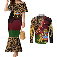 Malawi Couples Matching Mermaid Dress and Long Sleeve Button Shirt Coat of Arms & Leopard Print - Unique Motif Fusion