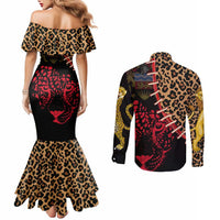 Malawi Couples Matching Mermaid Dress and Long Sleeve Button Shirt Coat of Arms & Leopard Print - Unique Motif Fusion