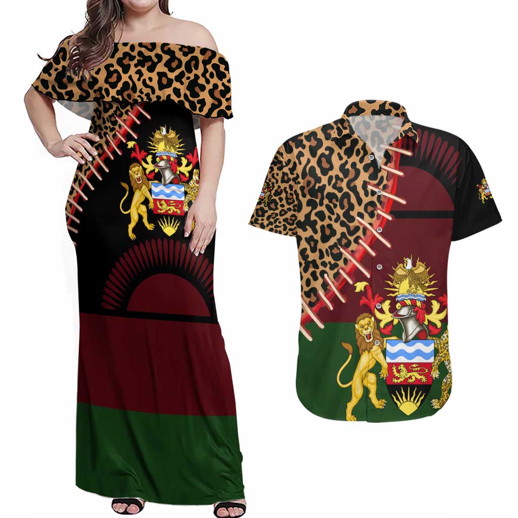 Malawi Couples Matching Off Shoulder Maxi Dress and Hawaiian Shirt Coat of Arms & Leopard Print - Unique Motif Fusion