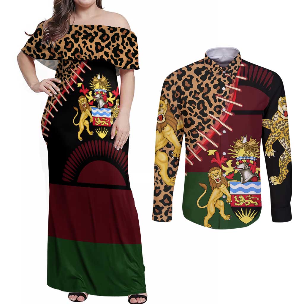 Malawi Couples Matching Off Shoulder Maxi Dress and Long Sleeve Button Shirt Coat of Arms & Leopard Print - Unique Motif Fusion
