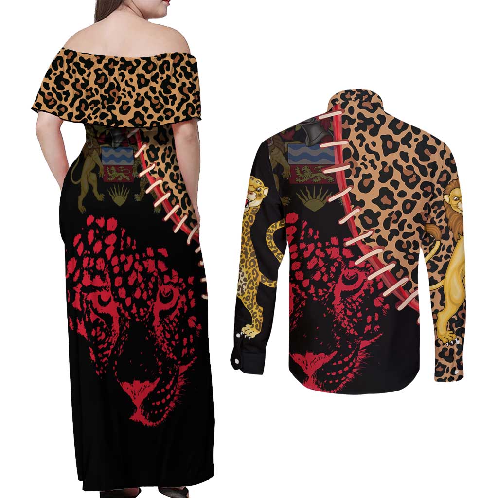 Malawi Couples Matching Off Shoulder Maxi Dress and Long Sleeve Button Shirt Coat of Arms & Leopard Print - Unique Motif Fusion