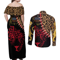 Malawi Couples Matching Off Shoulder Maxi Dress and Long Sleeve Button Shirt Coat of Arms & Leopard Print - Unique Motif Fusion