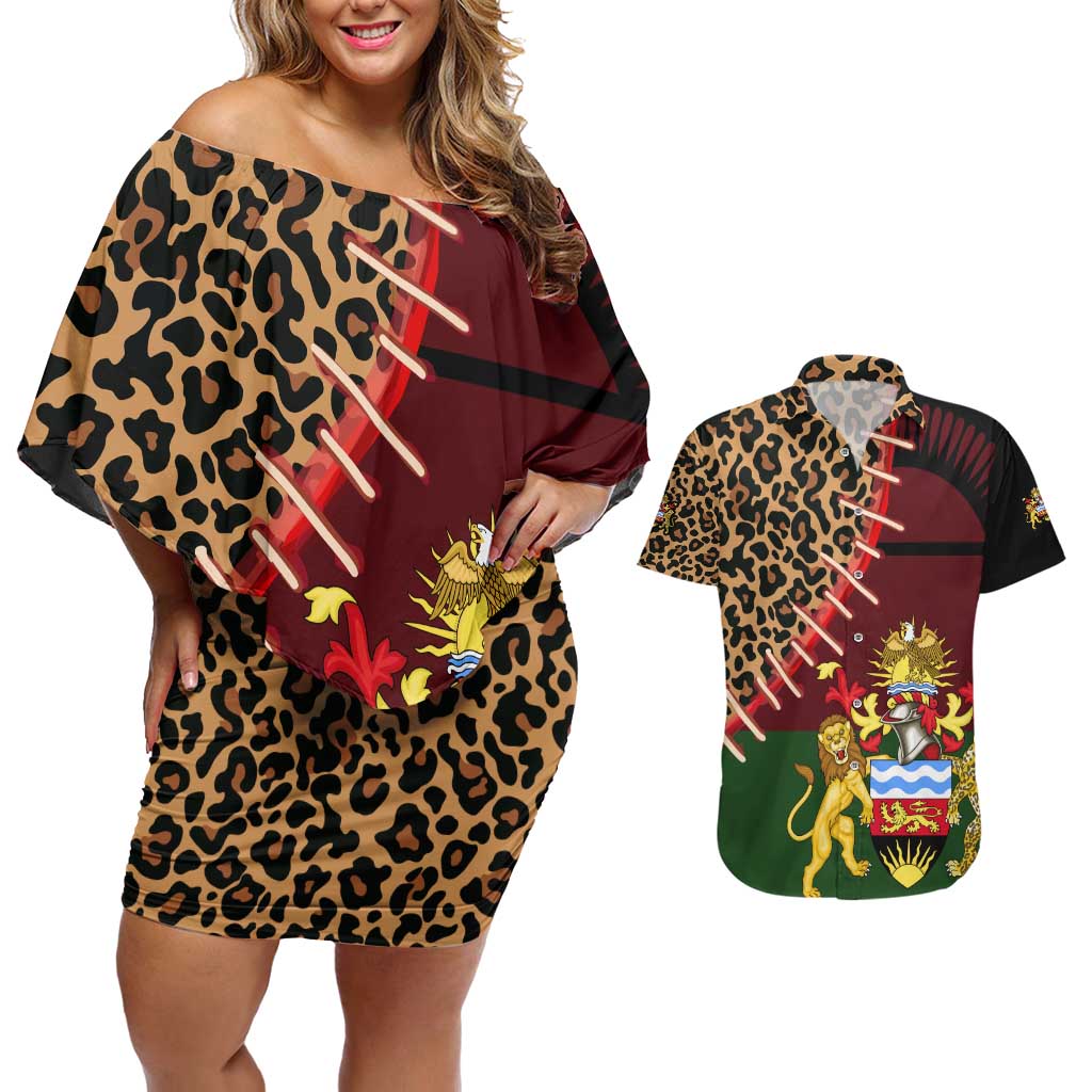 Malawi Couples Matching Off Shoulder Short Dress and Hawaiian Shirt Coat of Arms & Leopard Print - Unique Motif Fusion