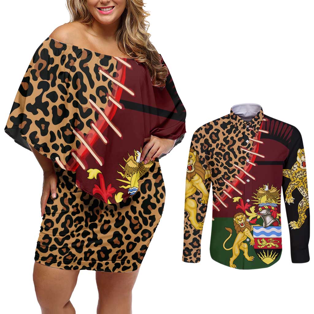 Malawi Couples Matching Off Shoulder Short Dress and Long Sleeve Button Shirt Coat of Arms & Leopard Print - Unique Motif Fusion