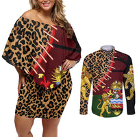 Malawi Couples Matching Off Shoulder Short Dress and Long Sleeve Button Shirt Coat of Arms & Leopard Print - Unique Motif Fusion
