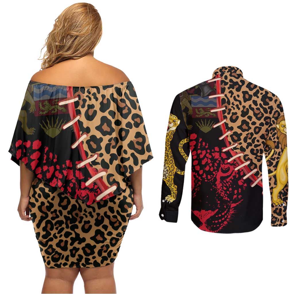 Malawi Couples Matching Off Shoulder Short Dress and Long Sleeve Button Shirt Coat of Arms & Leopard Print - Unique Motif Fusion