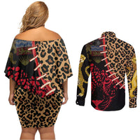 Malawi Couples Matching Off Shoulder Short Dress and Long Sleeve Button Shirt Coat of Arms & Leopard Print - Unique Motif Fusion