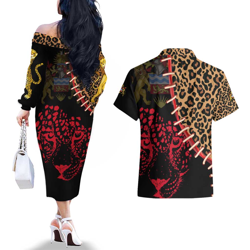 Malawi Couples Matching Off The Shoulder Long Sleeve Dress and Hawaiian Shirt Coat of Arms & Leopard Print - Unique Motif Fusion