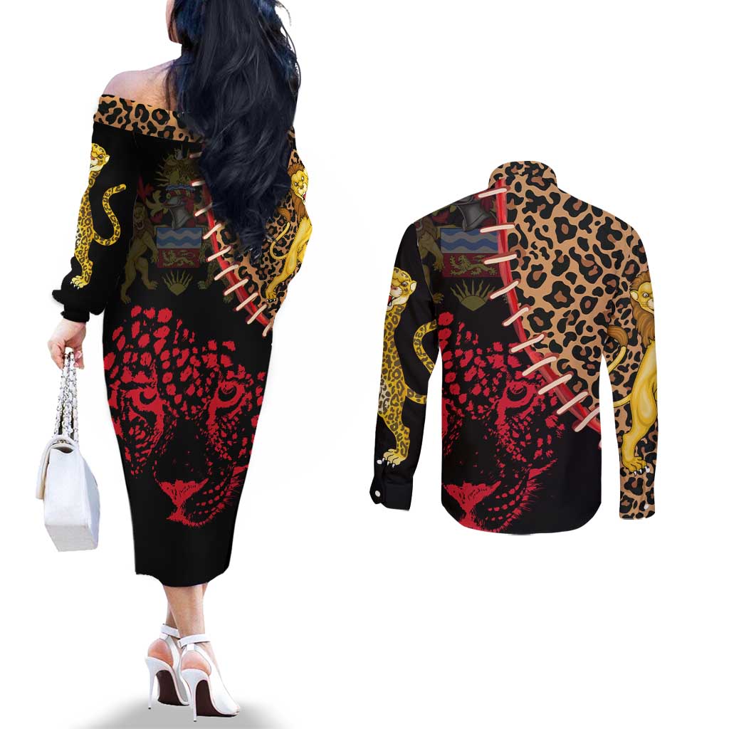 Malawi Couples Matching Off The Shoulder Long Sleeve Dress and Long Sleeve Button Shirt Coat of Arms & Leopard Print - Unique Motif Fusion