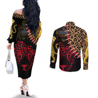 Malawi Couples Matching Off The Shoulder Long Sleeve Dress and Long Sleeve Button Shirt Coat of Arms & Leopard Print - Unique Motif Fusion