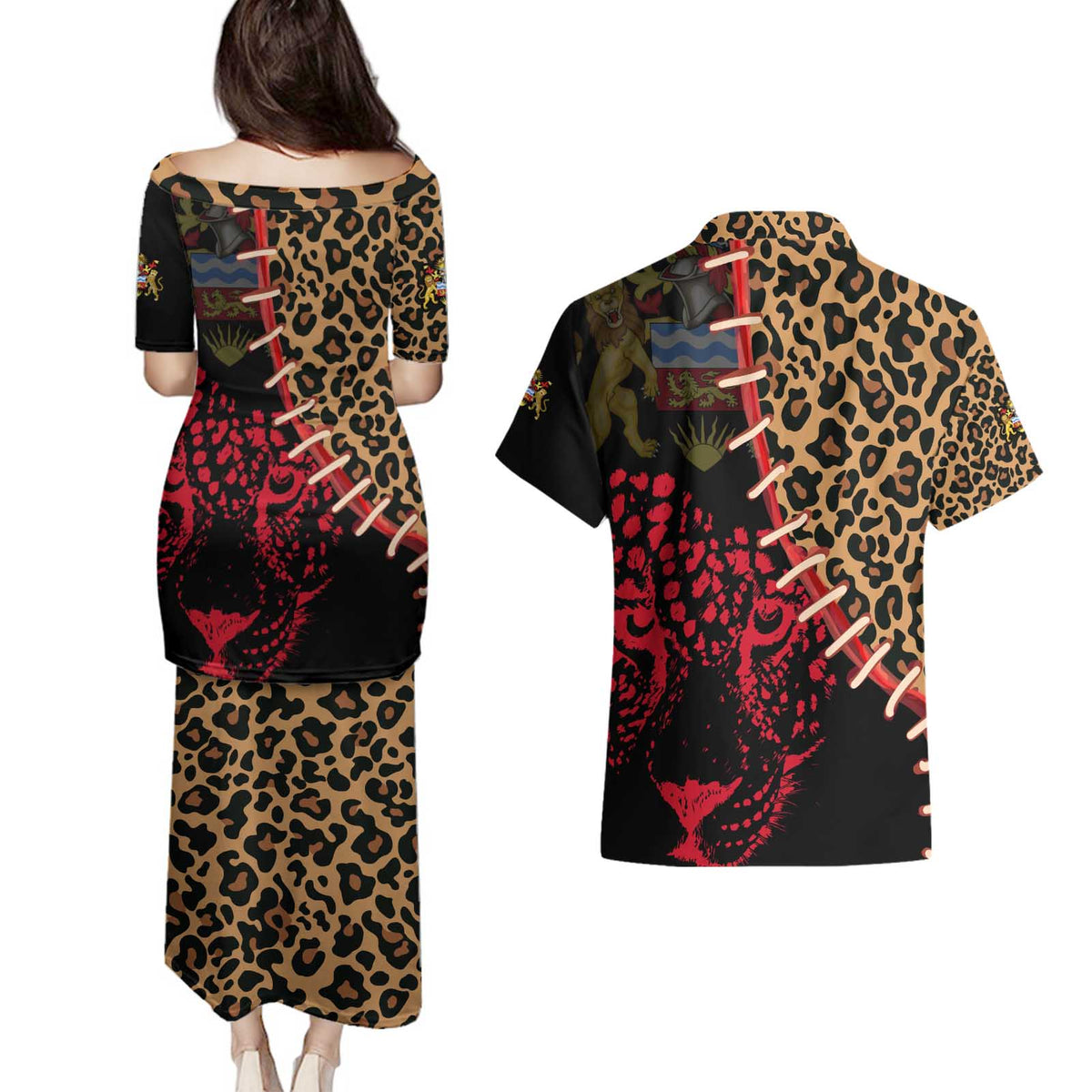 Malawi Couples Matching Puletasi and Hawaiian Shirt Coat of Arms & Leopard Print - Unique Motif Fusion