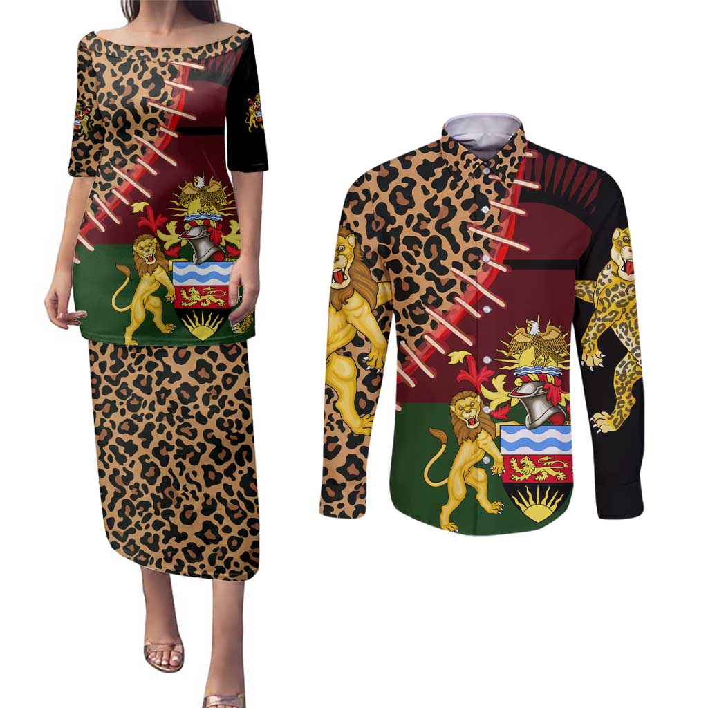 Malawi Couples Matching Puletasi and Long Sleeve Button Shirt Coat of Arms & Leopard Print - Unique Motif Fusion
