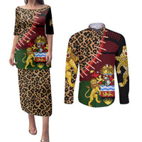 Malawi Couples Matching Puletasi and Long Sleeve Button Shirt Coat of Arms & Leopard Print - Unique Motif Fusion