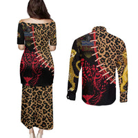 Malawi Couples Matching Puletasi and Long Sleeve Button Shirt Coat of Arms & Leopard Print - Unique Motif Fusion