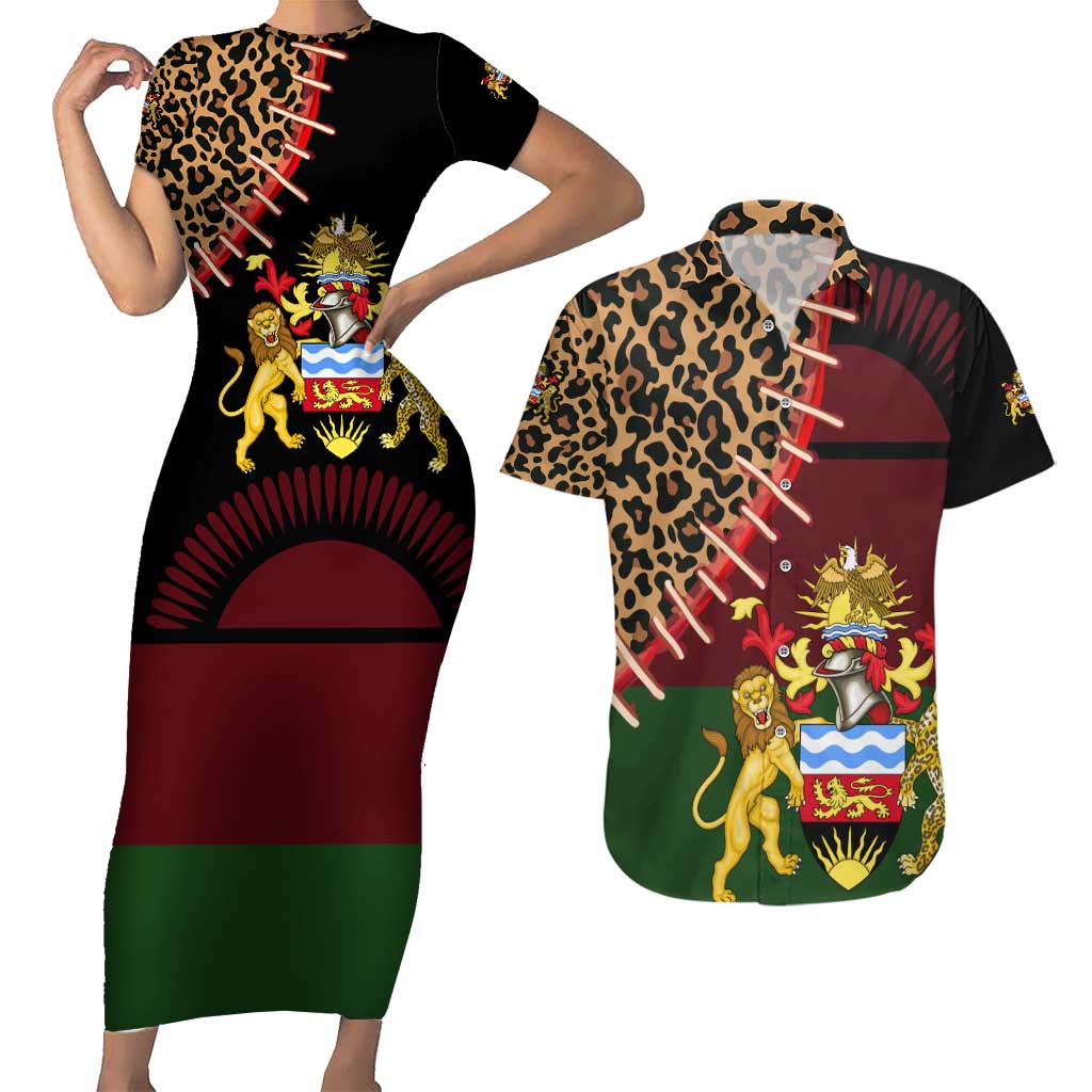 Malawi Couples Matching Short Sleeve Bodycon Dress and Hawaiian Shirt Coat of Arms & Leopard Print - Unique Motif Fusion