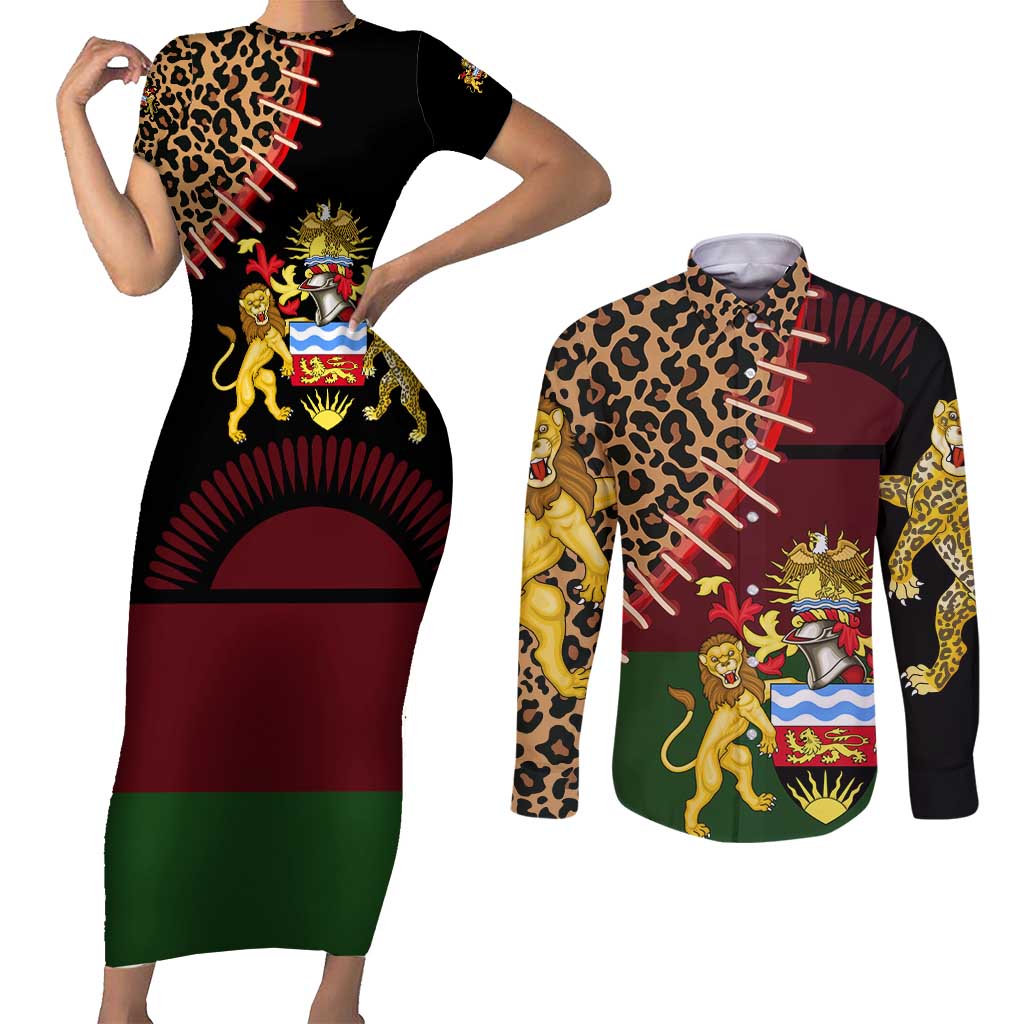 Malawi Couples Matching Short Sleeve Bodycon Dress and Long Sleeve Button Shirt Coat of Arms & Leopard Print - Unique Motif Fusion