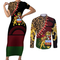 Malawi Couples Matching Short Sleeve Bodycon Dress and Long Sleeve Button Shirt Coat of Arms & Leopard Print - Unique Motif Fusion