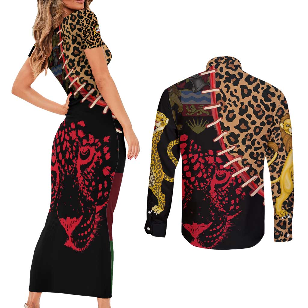 Malawi Couples Matching Short Sleeve Bodycon Dress and Long Sleeve Button Shirt Coat of Arms & Leopard Print - Unique Motif Fusion