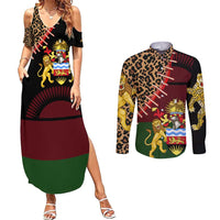 Malawi Couples Matching Summer Maxi Dress and Long Sleeve Button Shirt Coat of Arms & Leopard Print - Unique Motif Fusion