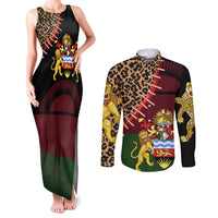 Malawi Couples Matching Tank Maxi Dress and Long Sleeve Button Shirt Coat of Arms & Leopard Print - Unique Motif Fusion