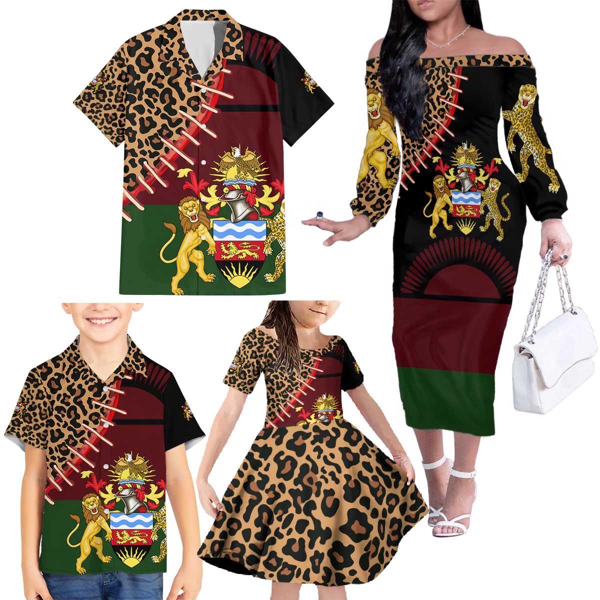 Malawi Family Matching Off The Shoulder Long Sleeve Dress and Hawaiian Shirt Coat of Arms & Leopard Print - Unique Motif Fusion