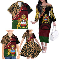 Malawi Family Matching Off The Shoulder Long Sleeve Dress and Hawaiian Shirt Coat of Arms & Leopard Print - Unique Motif Fusion
