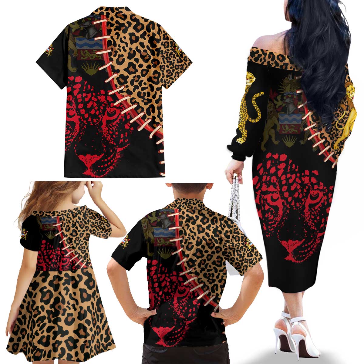 Malawi Family Matching Off The Shoulder Long Sleeve Dress and Hawaiian Shirt Coat of Arms & Leopard Print - Unique Motif Fusion