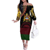 Malawi Family Matching Off The Shoulder Long Sleeve Dress and Hawaiian Shirt Coat of Arms & Leopard Print - Unique Motif Fusion