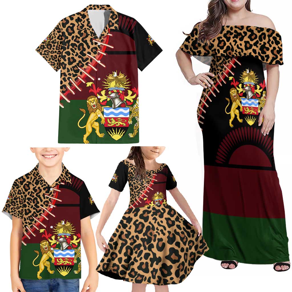 Malawi Family Matching Off Shoulder Maxi Dress and Hawaiian Shirt Coat of Arms & Leopard Print - Unique Motif Fusion