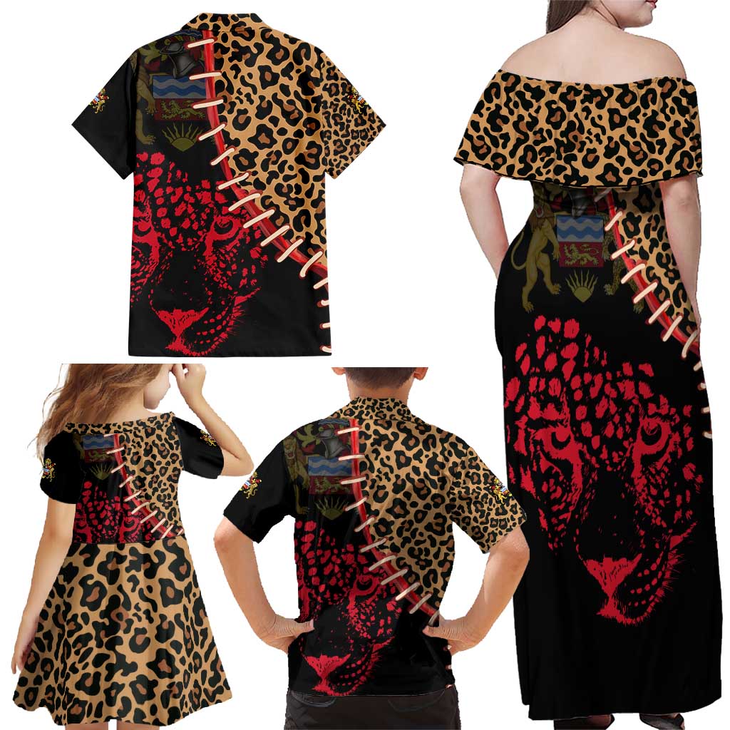 Malawi Family Matching Off Shoulder Maxi Dress and Hawaiian Shirt Coat of Arms & Leopard Print - Unique Motif Fusion