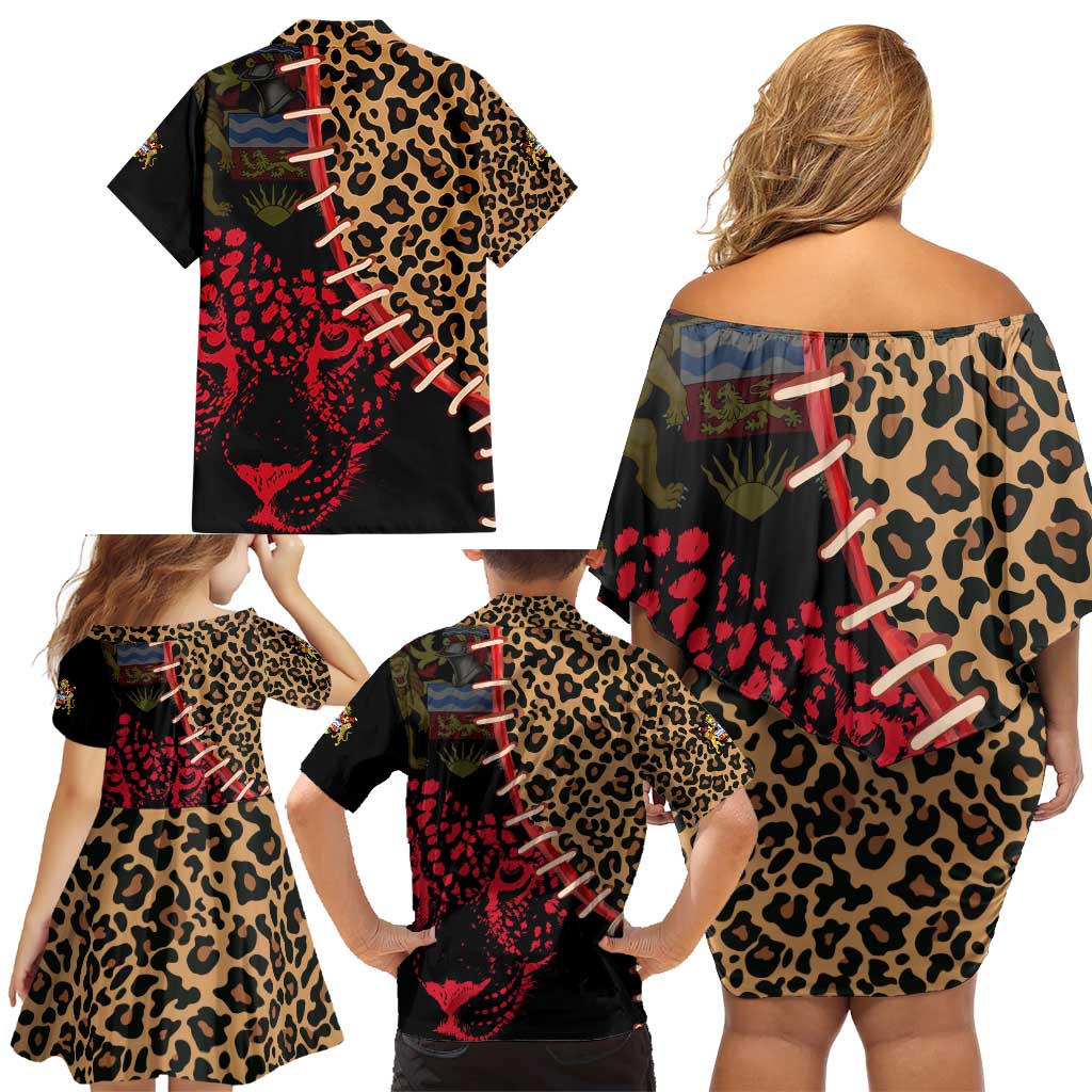 Malawi Family Matching Off Shoulder Short Dress and Hawaiian Shirt Coat of Arms & Leopard Print - Unique Motif Fusion