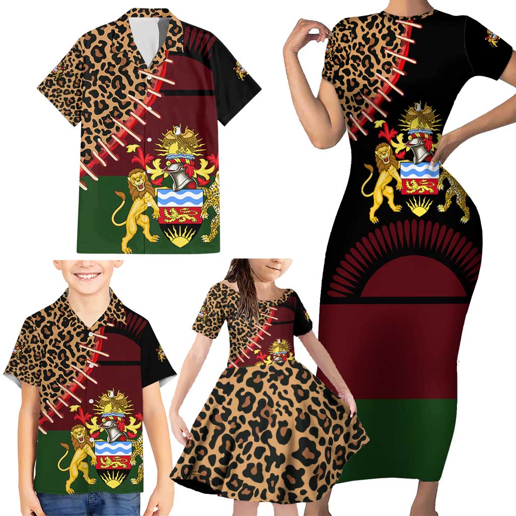 Malawi Family Matching Short Sleeve Bodycon Dress and Hawaiian Shirt Coat of Arms & Leopard Print - Unique Motif Fusion