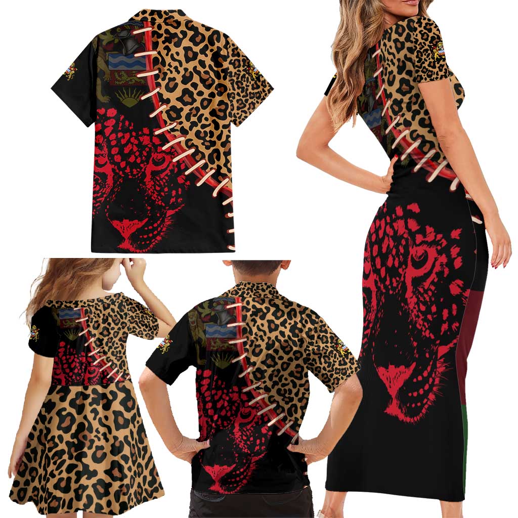 Malawi Family Matching Short Sleeve Bodycon Dress and Hawaiian Shirt Coat of Arms & Leopard Print - Unique Motif Fusion