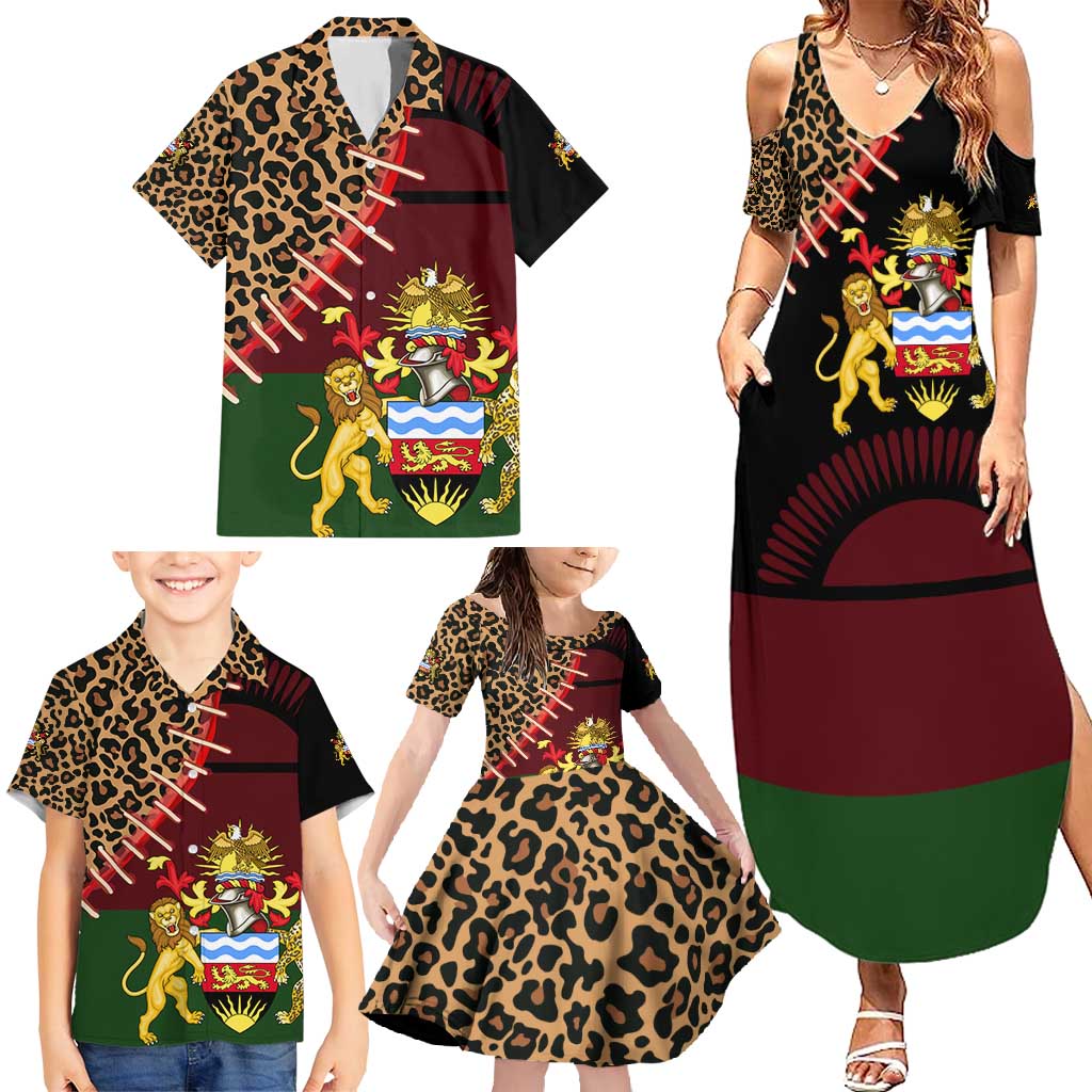 Malawi Family Matching Summer Maxi Dress and Hawaiian Shirt Coat of Arms & Leopard Print - Unique Motif Fusion
