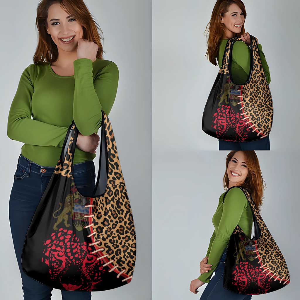 Malawi Grocery Bag Coat of Arms & Leopard Print - Unique Motif Fusion
