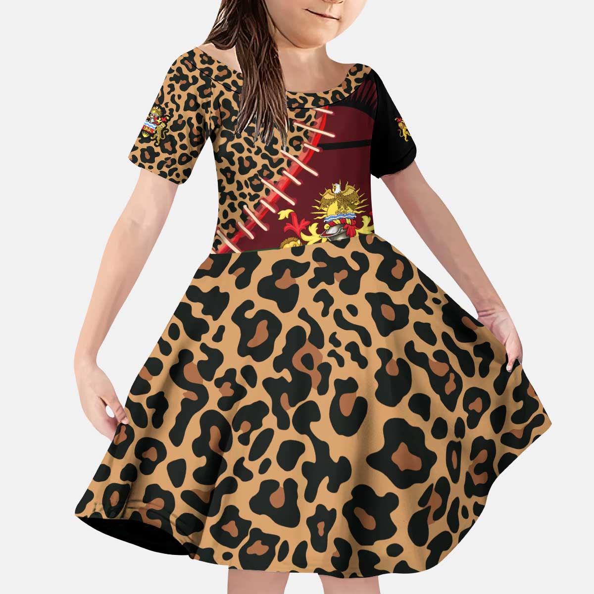 Malawi Kid Short Sleeve Dress Coat of Arms & Leopard Print - Unique Motif Fusion
