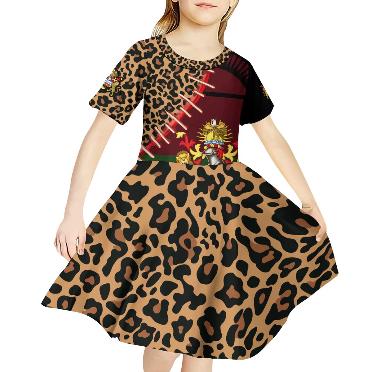 Malawi Kid Short Sleeve Dress Coat of Arms & Leopard Print - Unique Motif Fusion