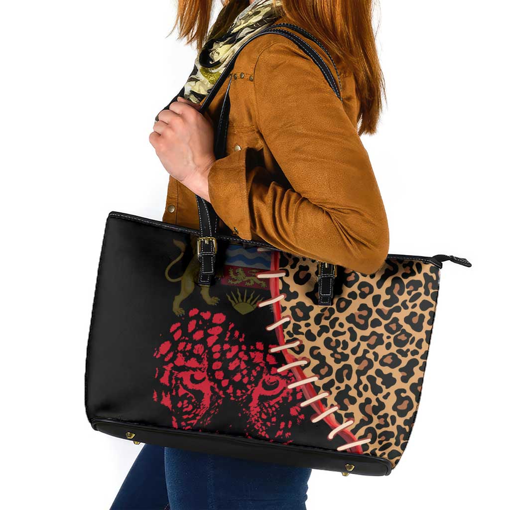 Malawi Leather Tote Bag Coat of Arms & Leopard Print - Unique Motif Fusion