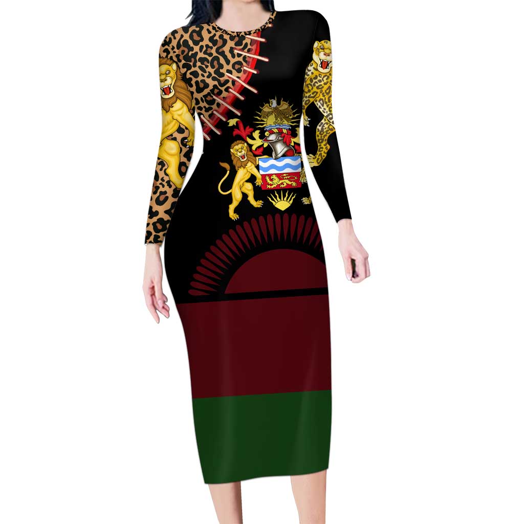 Malawi Long Sleeve Bodycon Dress Coat of Arms & Leopard Print - Unique Motif Fusion