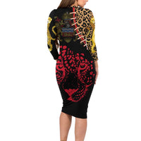 Malawi Long Sleeve Bodycon Dress Coat of Arms & Leopard Print - Unique Motif Fusion