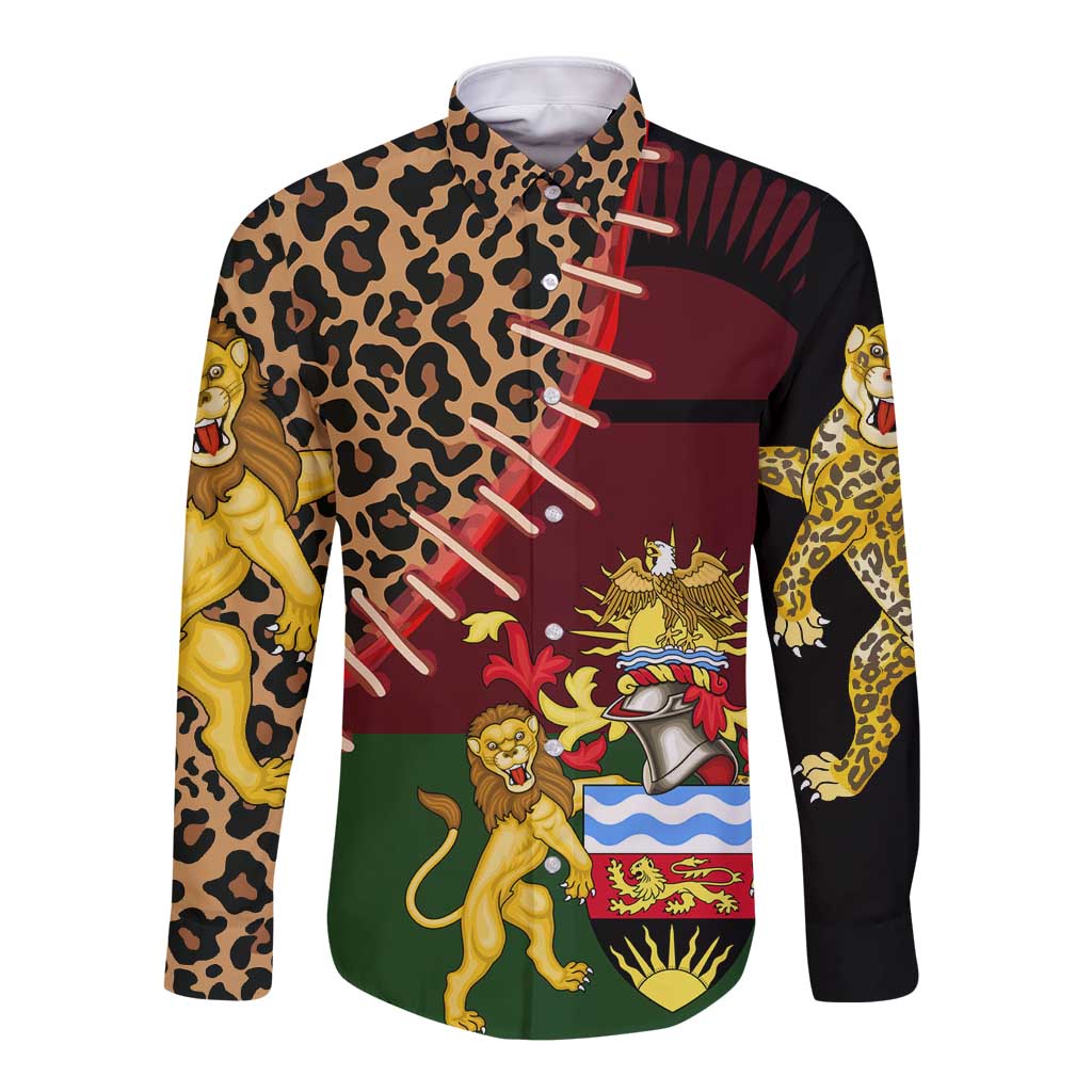 Malawi Long Sleeve Button Shirt Coat of Arms & Leopard Print - Unique Motif Fusion