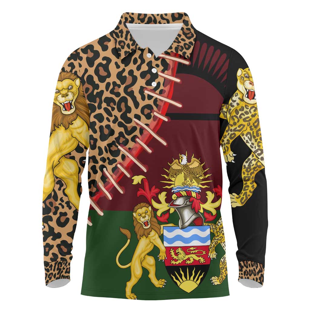 Malawi Long Sleeve Polo Shirt Coat of Arms & Leopard Print - Unique Motif Fusion