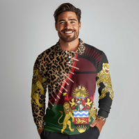 Malawi Long Sleeve Polo Shirt Coat of Arms & Leopard Print - Unique Motif Fusion