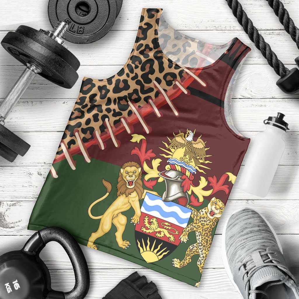 Malawi Men Tank Top Coat of Arms & Leopard Print - Unique Motif Fusion