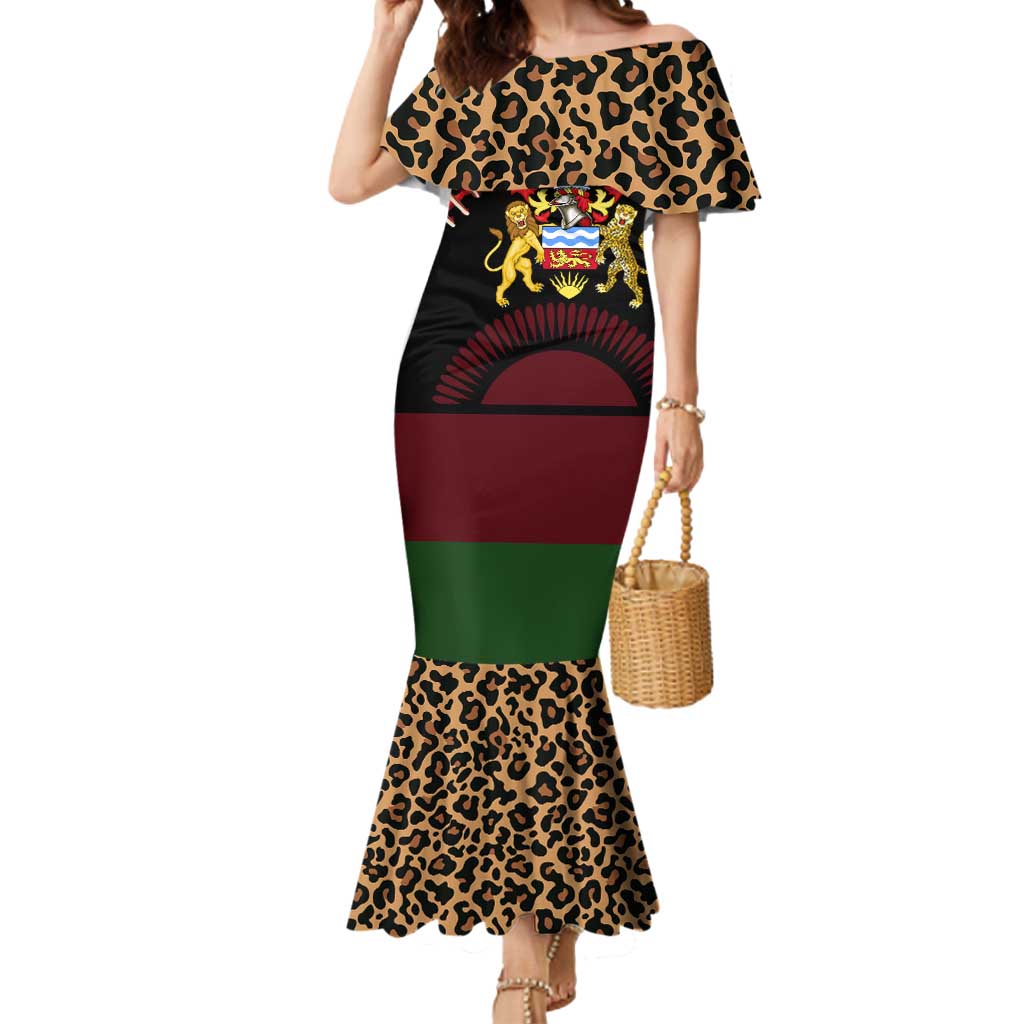 Malawi Mermaid Dress Coat of Arms & Leopard Print - Unique Motif Fusion