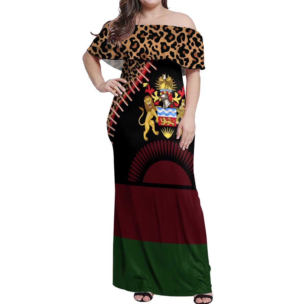 Malawi Off Shoulder Maxi Dress Coat of Arms & Leopard Print - Unique Motif Fusion