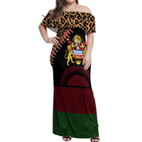 Malawi Off Shoulder Maxi Dress Coat of Arms & Leopard Print - Unique Motif Fusion